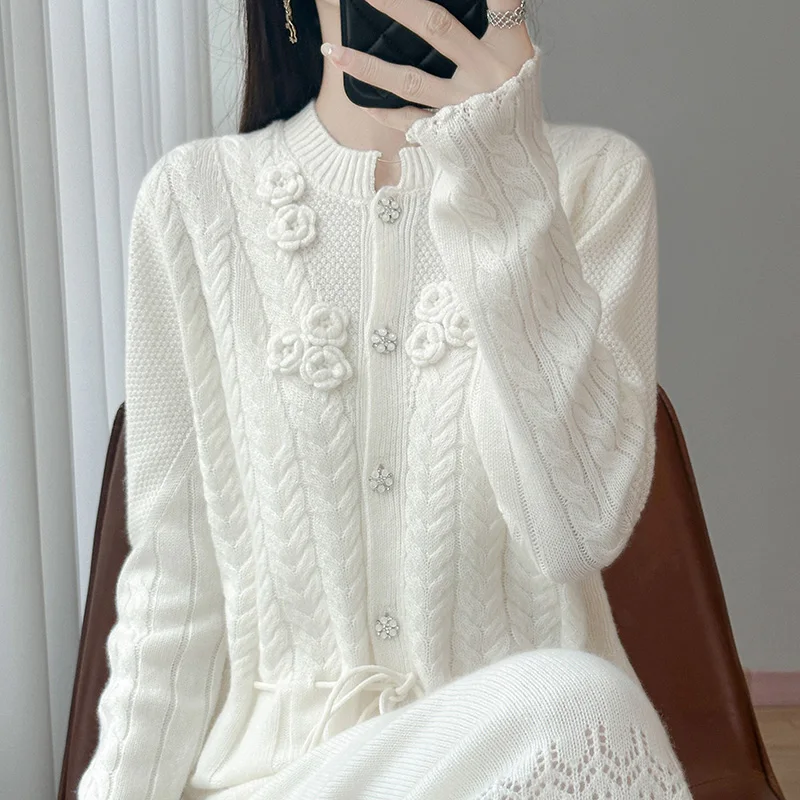 Autumn And Winter Round Neck Wool Tether Knit Cardigan Long Sleeve Waist Loose Twist Sweater Long Sleeve Coat