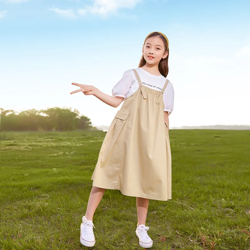 2024 Korean Summer Teenager Girl 2PCS Clothes Set Children Girl Bubble Sleeve T-shirt+Suspender Skirt Set For Girls 4-15Yrs