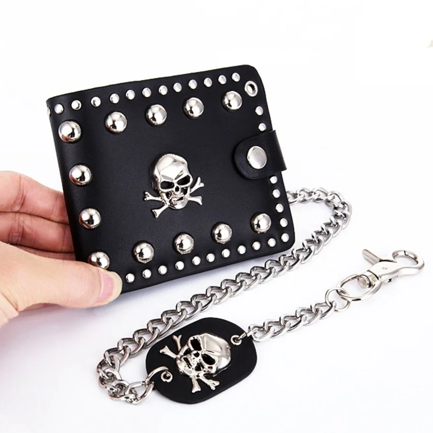 Street Punk Men's Rivet Chain Skull Wallet PU Leather Purse Billfold Money Clip Folding Clutch Wallet Detachable Metal Chain