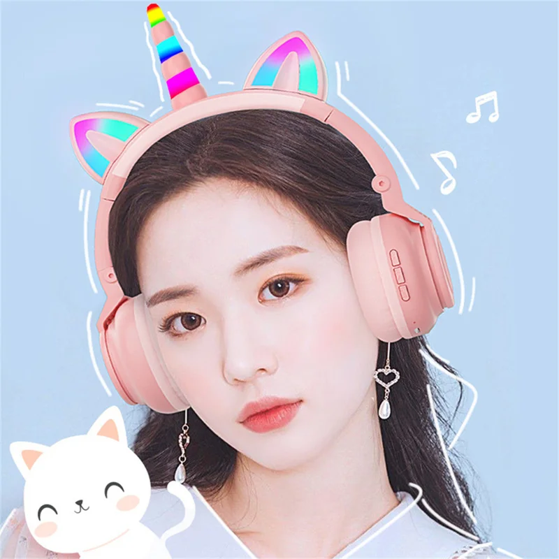 RGB Unicorn Kids Wireless Headphones With Mic Control Rgb Light Girls Music Stereo Earphone Mobile Phone Children's Headset Gift