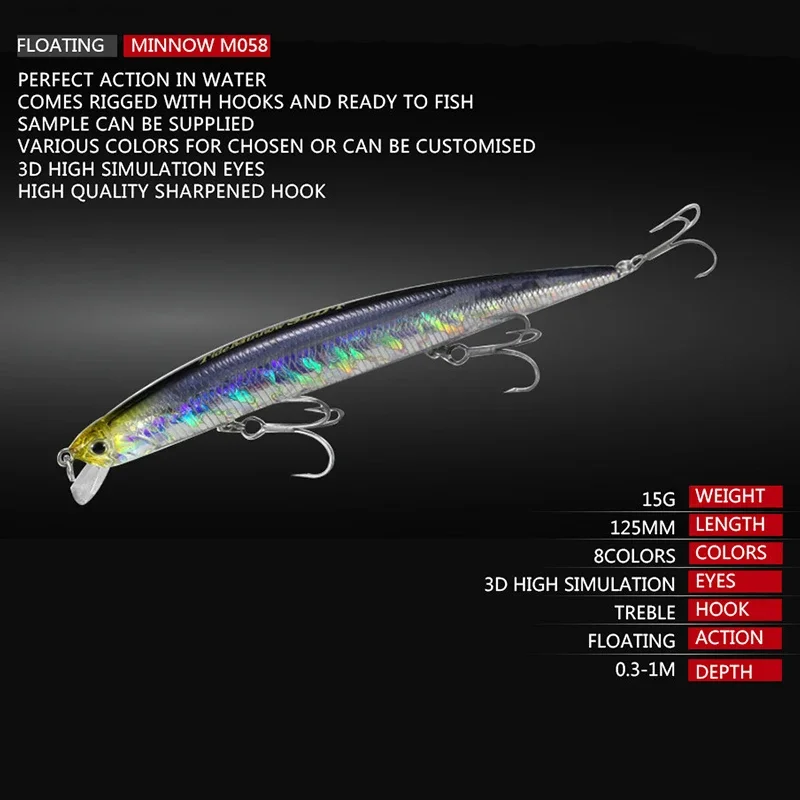 2024 Long Casting Slim Minnow Fishing Lure 125mm/15g Floating 1-3m Wobbler Artificial Bait Vibration Fishing Lure