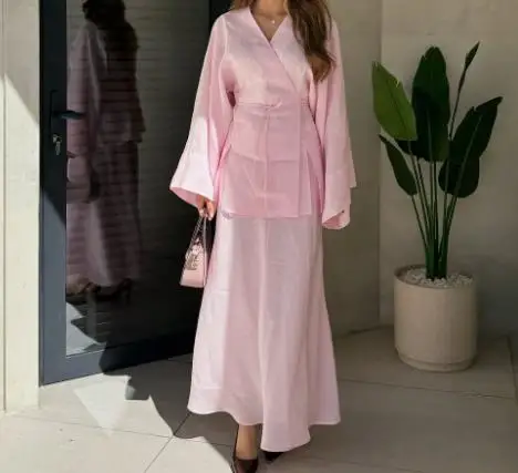 

Women's Clothing 2025 Summer New Item Solid Color V-Neck Lace Up Long Sleeved Cardigan High Waisted Skirt Set