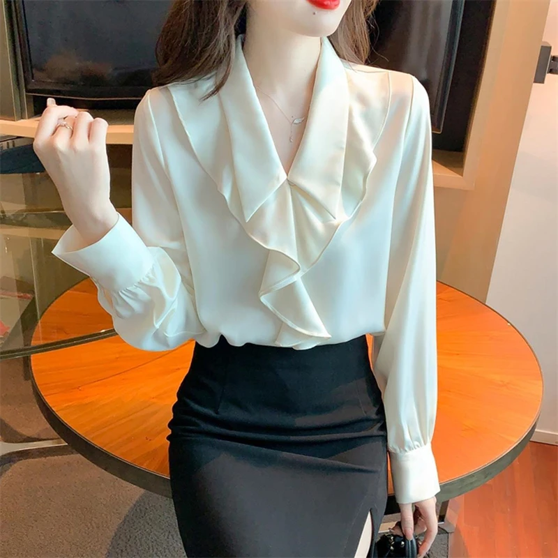 Korean Fashion Ruffle Luxury Elegant Blouse Spring Office Lady Business Casual Shirt Solid Long Sleeve Loose Tops Chiffon Blusas