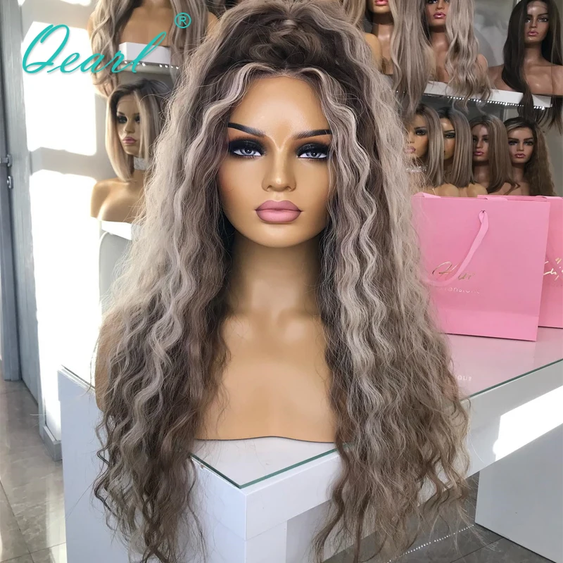 Diepe Golf Krullend Full Lace Pruiken Echte Natuurlijke Kant Frontale Pruik As Grijze Blonde Highlights Gekleurd Menselijk Haar Pruik Remy Hair Qearl