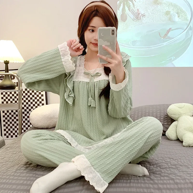 5XL Plus Size Spring Ladies Pajamas Set Princess Style Cotton Soft Sleepwear Squre Neck Long-sleeve Trousers suit Household Wear