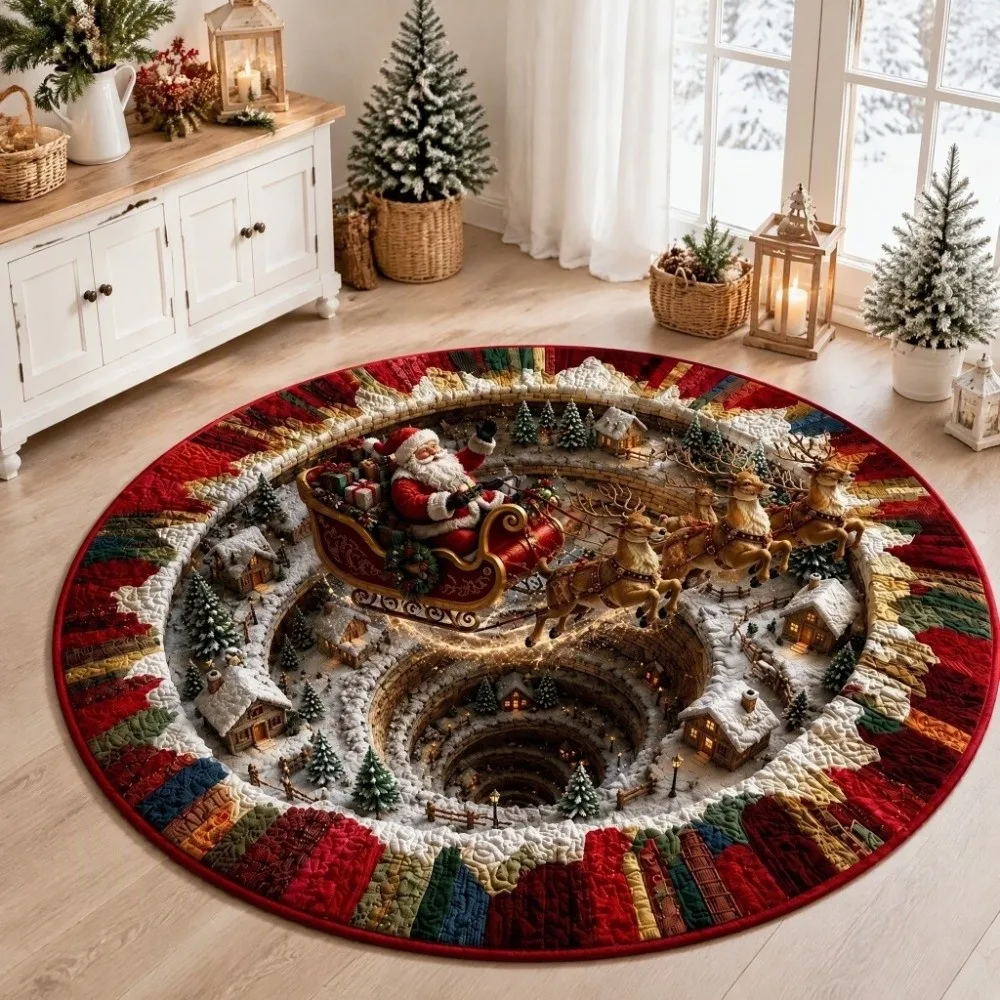 2D Flat Printed Christmas Rug Santa Claus Velvet 3D Illusion Rug Non-Slip Floor Mat Christmas Doormat Outdoor