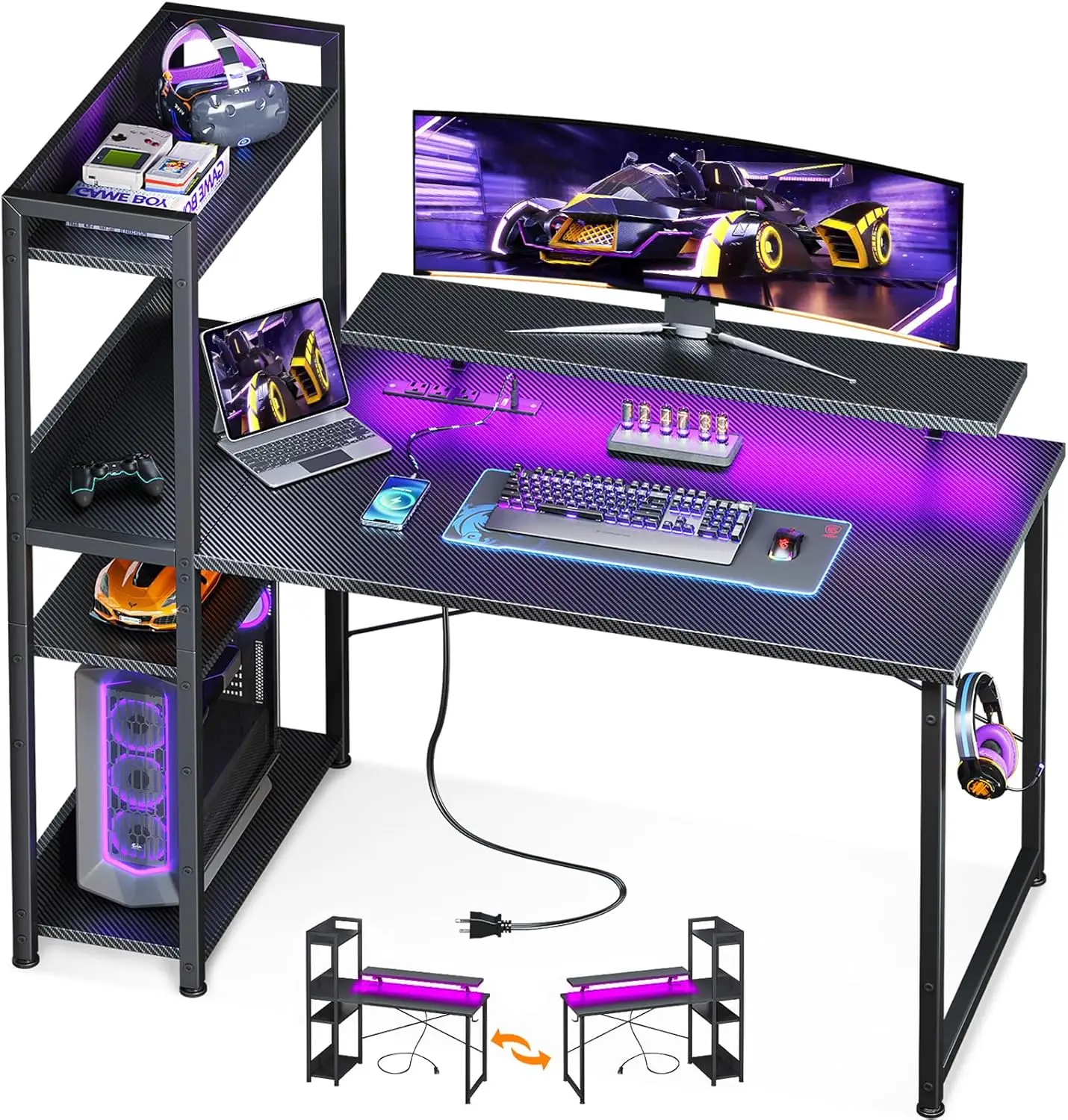 

Reversible Gaming Desk with USB Charging Port and LED Lights, 40 Inch Computer Desk with Storage Shelves & Monitor Stand