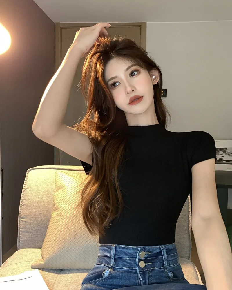 Koreanische Mode Grundlegende Crop Top Dame Kurzarm Crewneck Dünne T-shirt Sommer T für Frauen Vintage Top Harajuku Y2k Streetwear – Detail 13
