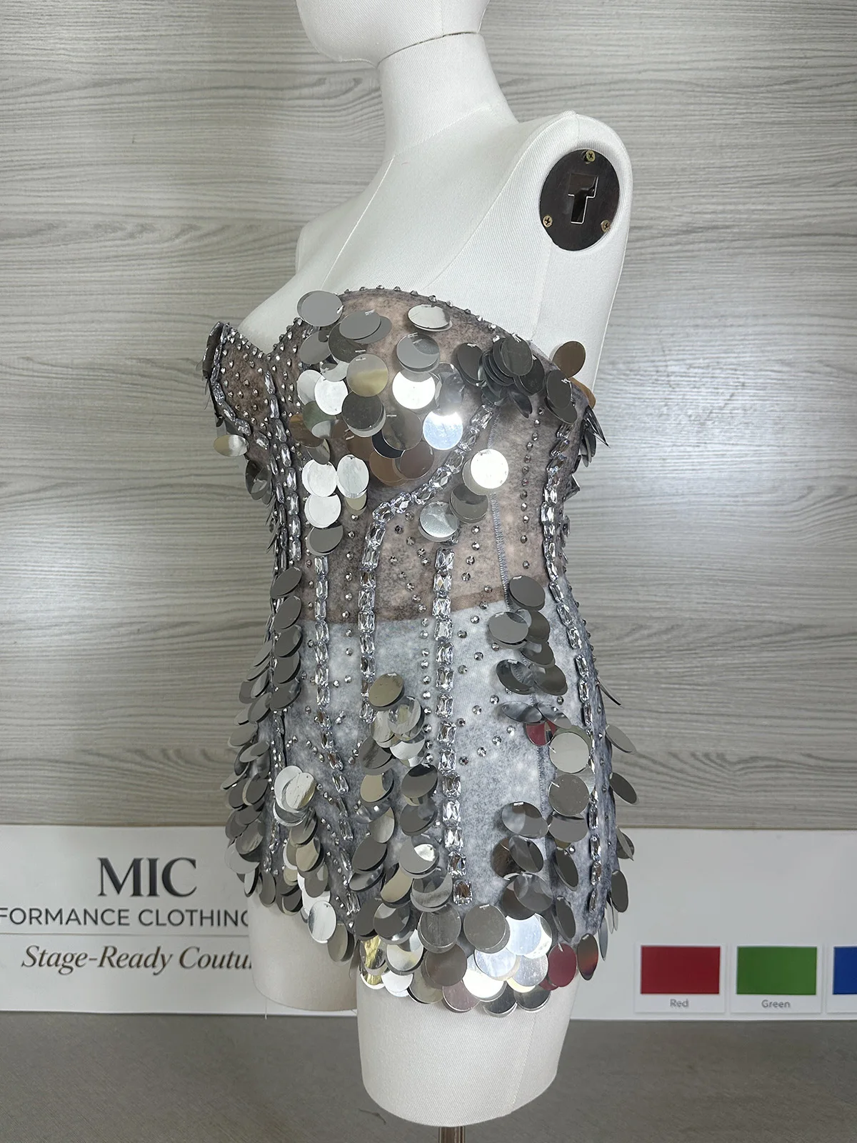Women Silver Sequin Rhinestone Corset Mini Sexy Dress Sheer Mesh Birthday Disco Stage Costume Performance Drag Queen Outfit