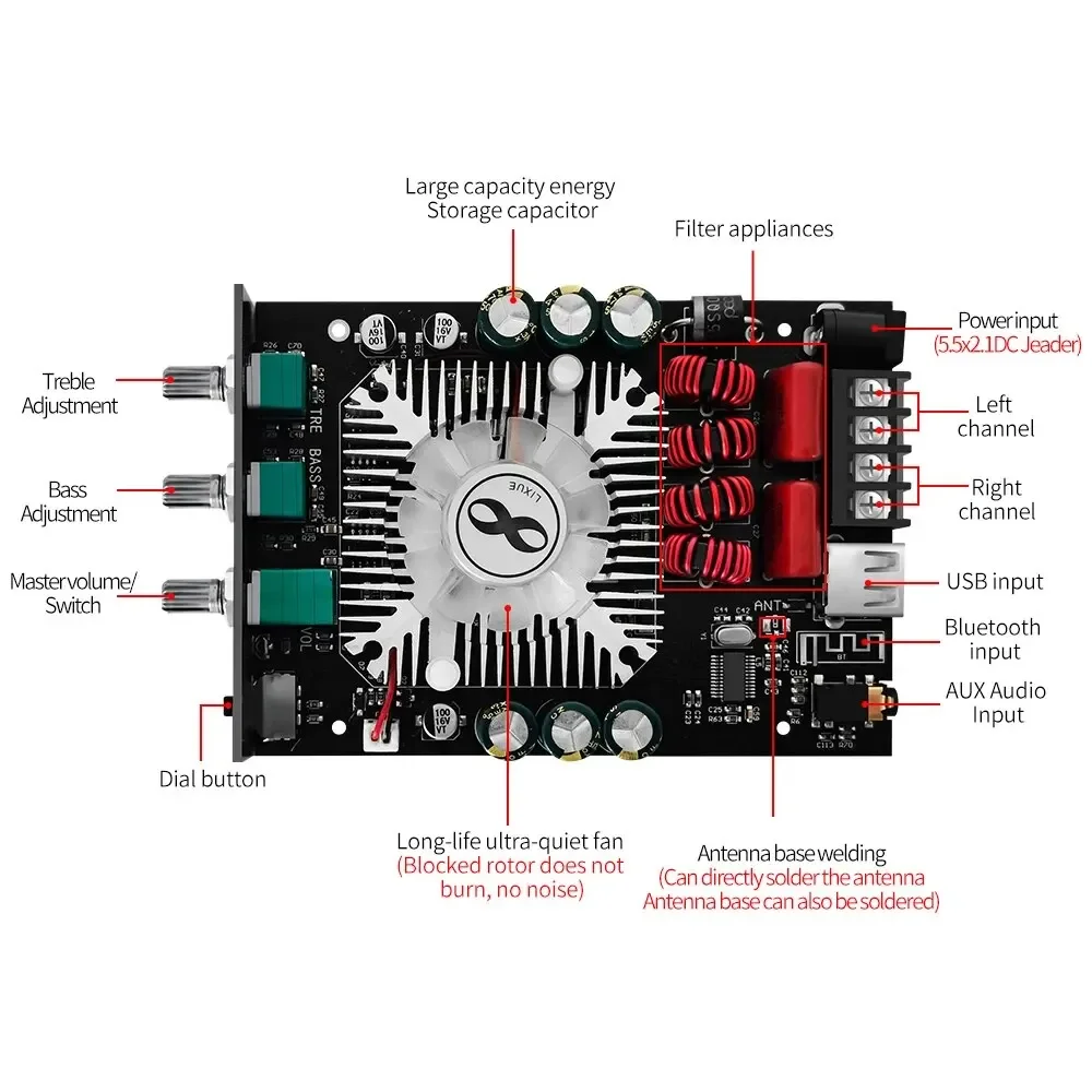 Placa amplificadora para subwoofer ZK-1602T Bluetooth 5,0 TDA7498E 2*100W 2,0 canales de alta potencia USB Audio estéreo placa amplificadora AMP