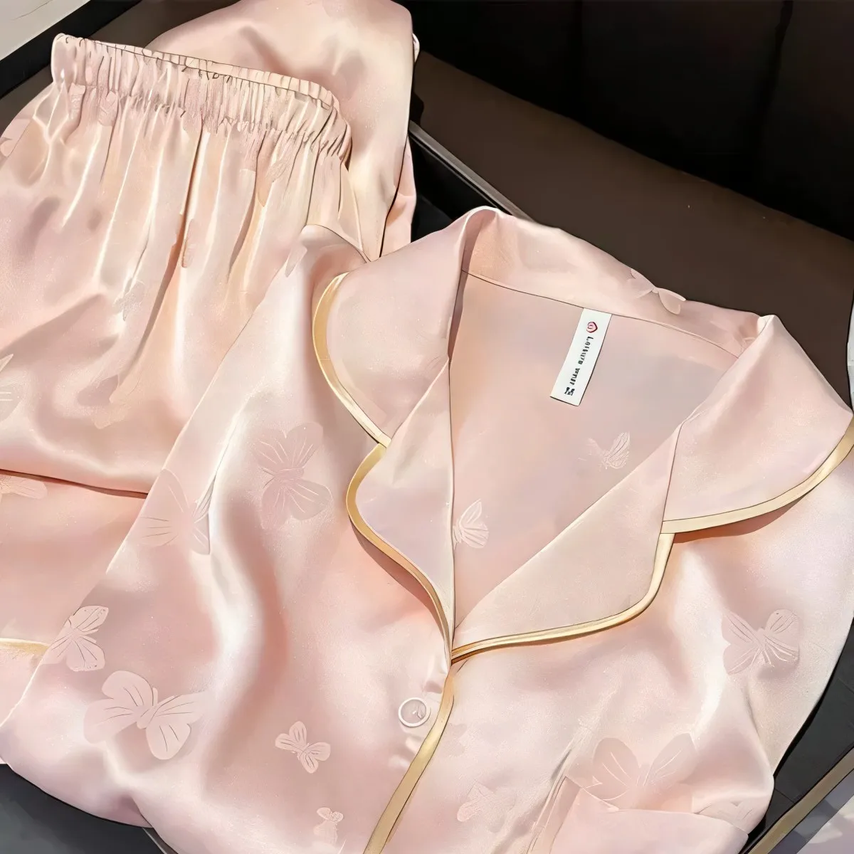 Women's Mulberry Silk Summer Pajamas Set Solid Color Jacquard Long Sleeves Trousers Gift Box Spring Summer Autumn Solid XXL Size