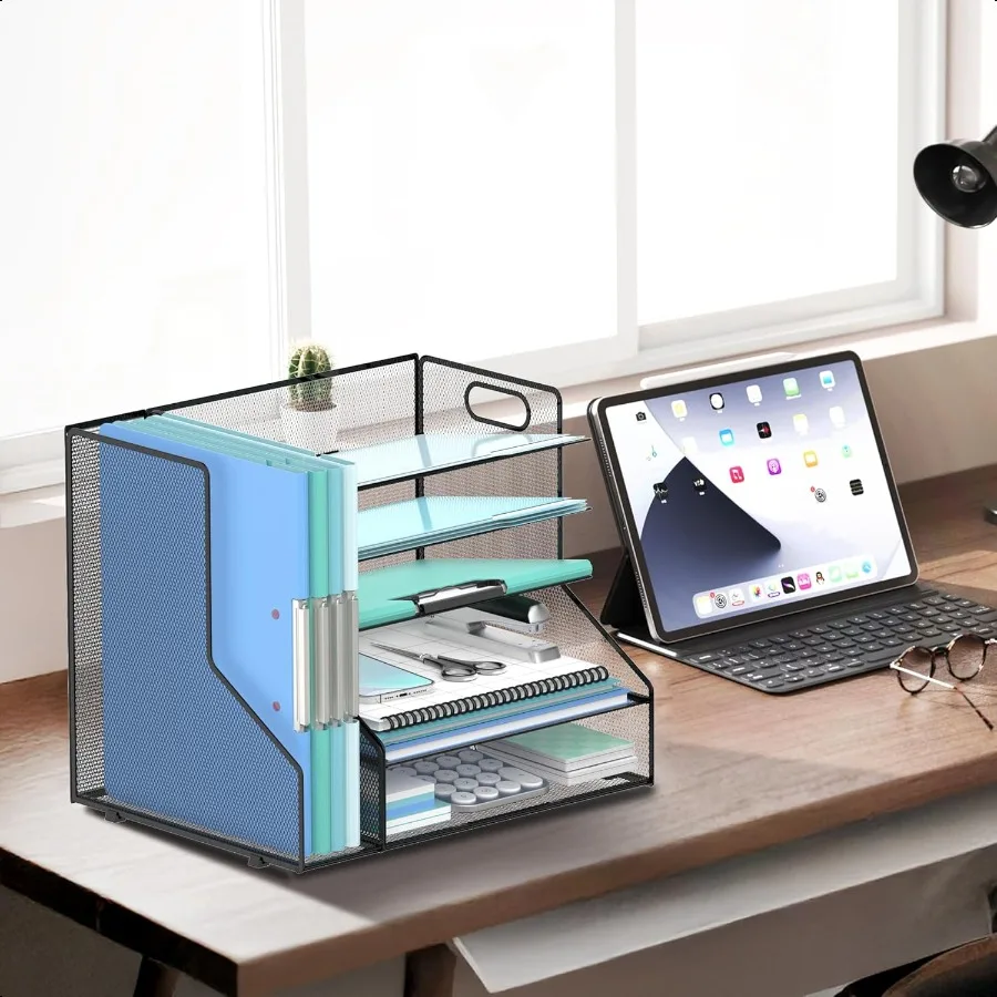 منظم مكتب سهل مع حامل ملفات، صينية حروف ورقية شبكية مكونة من 5 طبقات مع حامل مجلات ومنظم سطح المكتب والتخزين للمكتب أ
