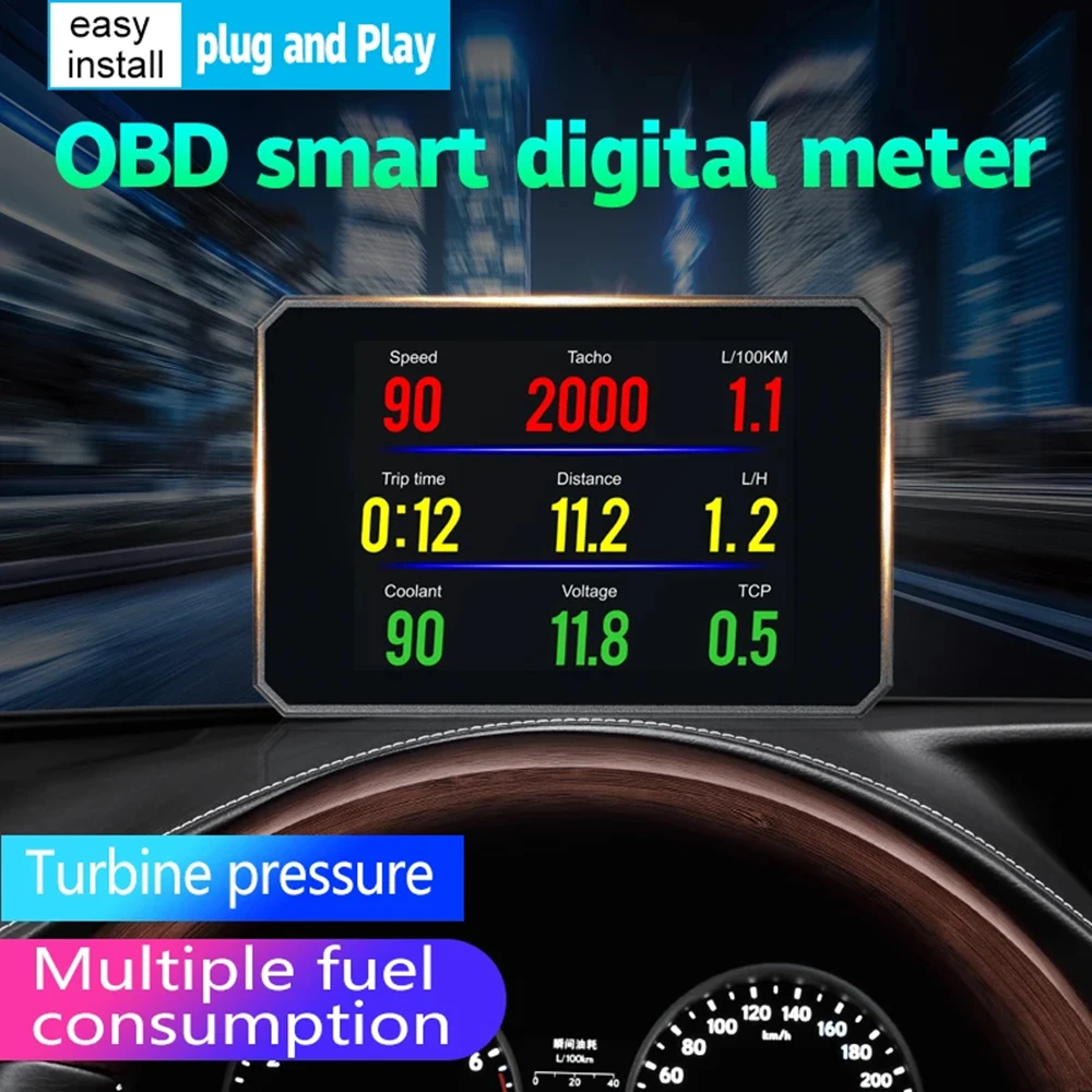 P16 OBD 2 Automotive General Driving HD HUD Head Up Display Digital Speedometer Speed Gauge Security Alarm Fuel Consumption