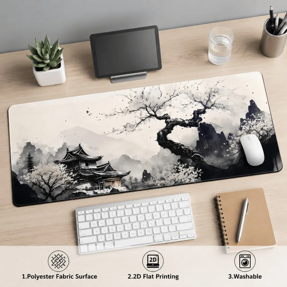 Japanese ink-wash landscape table mat, featuring a tower, cherry blossom tree and mountain pattern, suitable for office workers