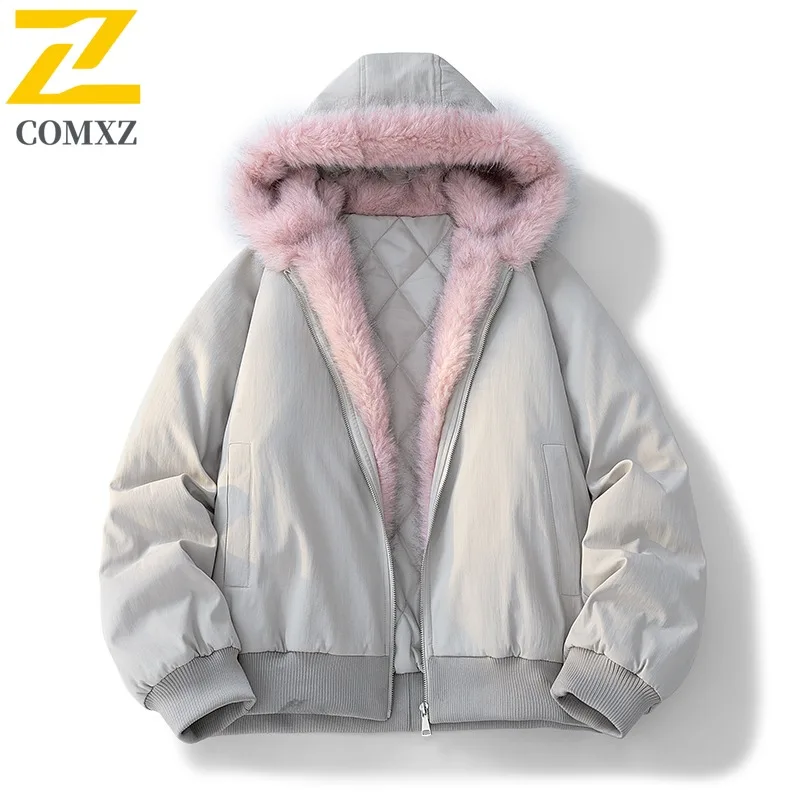

COMXZ Cold Proof Cotton Padded Jacket Windproof Fleece Collar Work Fashion Classic Quilted Jacket Snow Hooded Men Winter Jacket