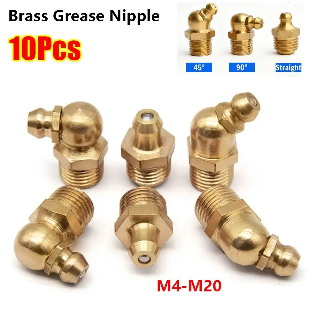 10Pcs M4-M20 Brass Grease Nipple Brass Straight 45 Degree 90 Degree Grease Zerk Nipple Flat Smooth Mouth Thread Fitting