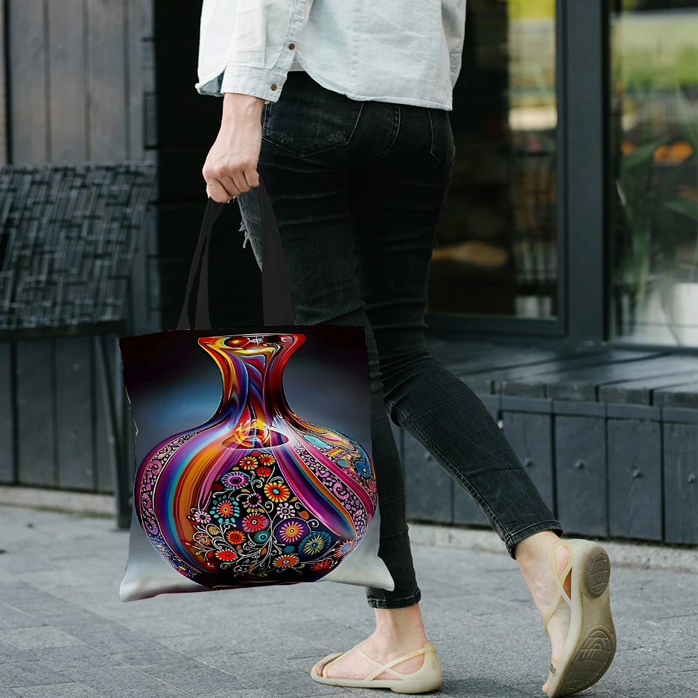 

4pcs Vase Linen Tote Bag Handbag Large Capacity Women Shopping Shoulder Bags