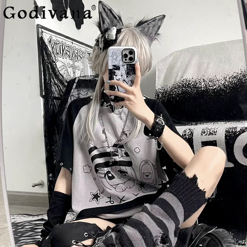 

Original Design Japanese Print 2D Student Mid-Length T-shirts Female Subculture Loos Y2k Casual Tees Summer Kawaii Hooded Tops