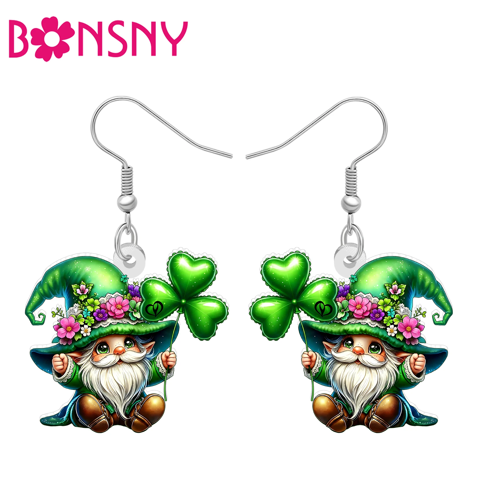BONSNY Acrylic St Patricks Day Leprechaun Earrings Floral Green Shamrock Spring Garden Gnomes Irish Jewelry Luck Gifts For Women