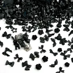 50PCS Random Mixed Black Bows Bear Nail Charms Resin Mini Heart Star Flower Nail Art Decorations Handmade DIY Press on Nails
