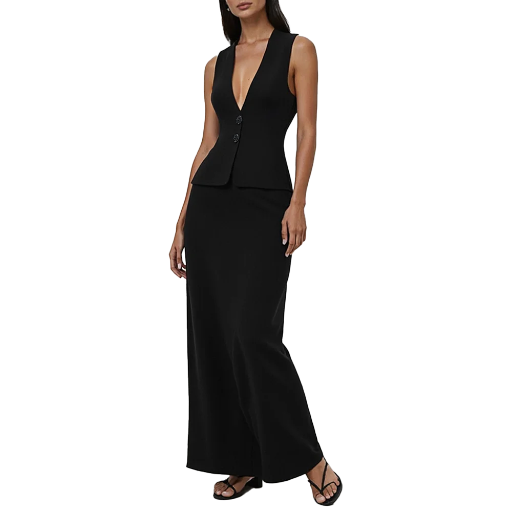 

Mia Muse Select V-Neck Natural Waist Midi Office Lady Sets For Women Summer Fashion Decent Plain Single Breasted Sleeveless