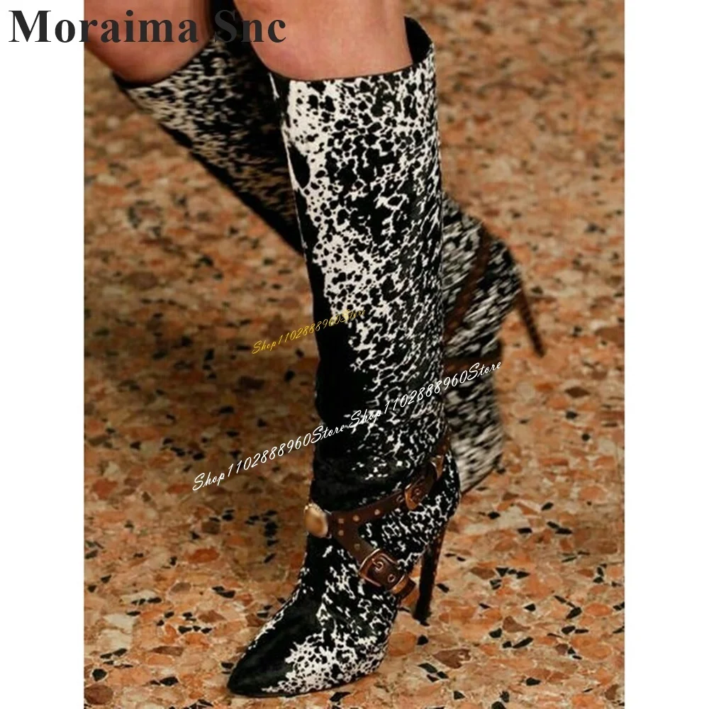 

Runway Knee High Mixed Suede Buckle Strap Boots Thin High Heel Women Shoes Slip On Pointed Toe 2024 Fashion Zapatos Para Mujere