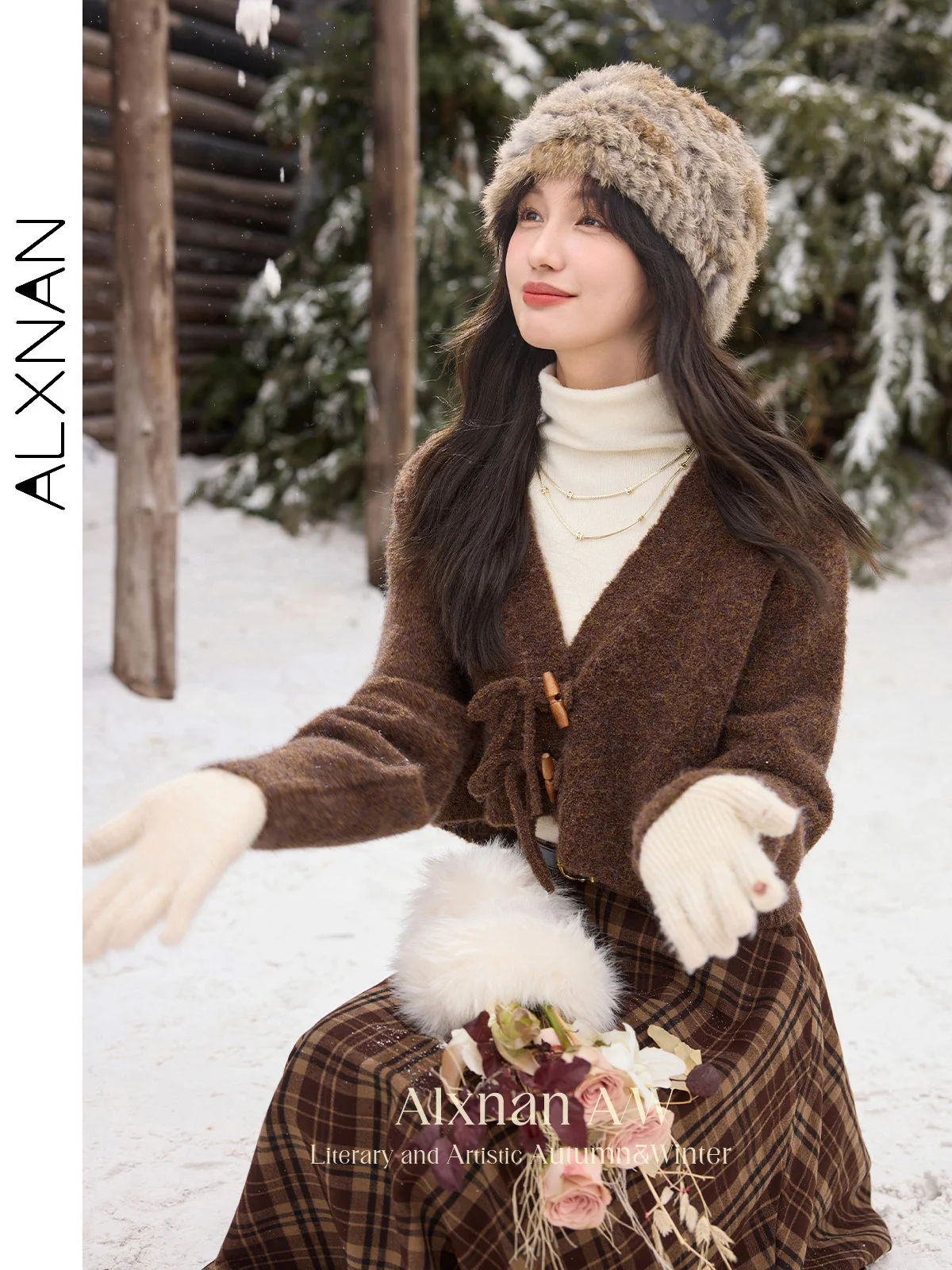 ALXNAN Women V-neck Sweaters Dark Coffee Wooden Buttons Long Sleeve Cropped Cardigan Winter Warm Knit Top Sold Separately L52536