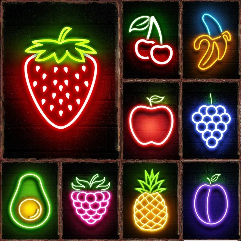 Cool Fruit Neon Signs Posters Metal Tin Sign Aesthetics Wall Decorative Plaques for Shop Home Decor Room Decoration Paintings