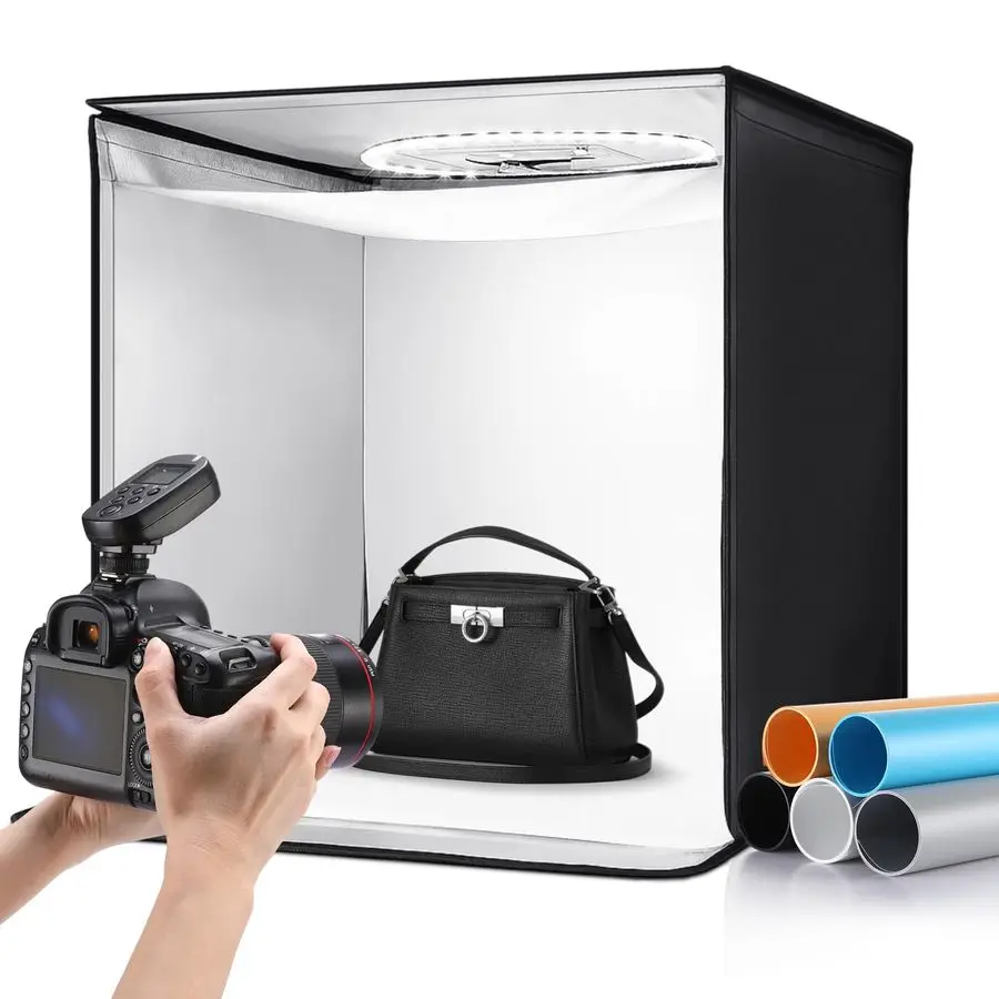 

Box Photography 24 x 24 Large Photo Studio Light Box with 224 Adjustable Ring LED Strip, 5 Color Backdrops, Diffuser Photo Booth