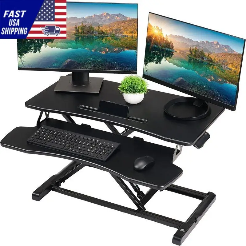 32 Inch Desk Converter, Height Adjustable Sit to Stand Riser, Dual Monitor and Laptop Workstation with Wide Keyboard Tray