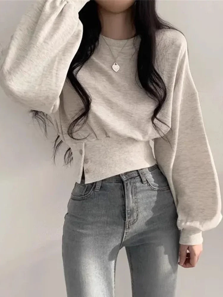 Long Sleeve Tops Women Korean Fashion Crop Sweatshirt Female Vintage Casual Buttons Up Sweatshirts Chic Hoodies Ladies E752