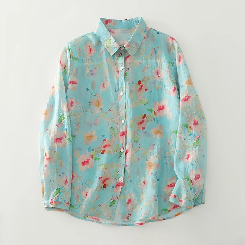 Artistic Vintage Print Cotton Linen Long Sve Women's irt Loose Casual Thin Autumn New Sle Faionable All-Match Sle