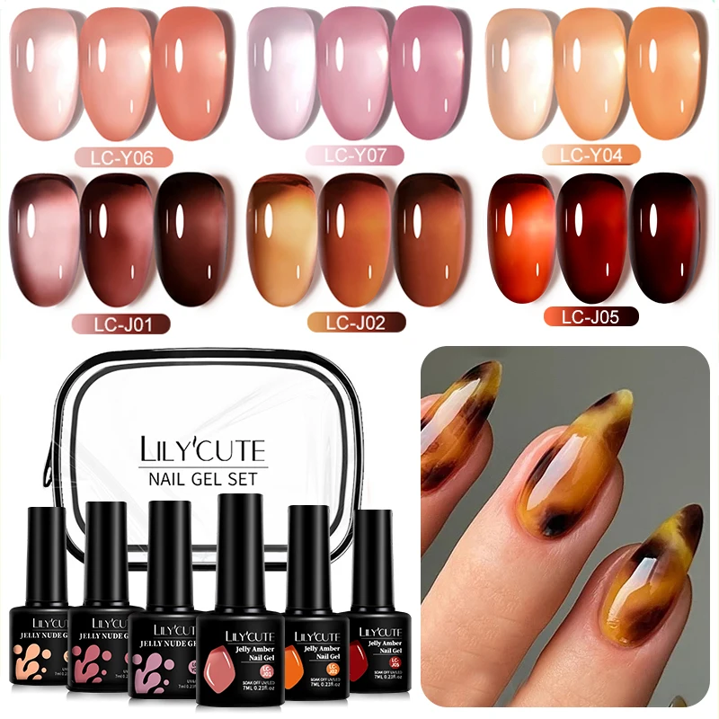 LILYCUTE Jelly Gel Unha Polonês Conjunto Cristal Translúcido Neon Rosa Nu Jade Gel Nail Art Semi Permanente UV Gel Polonês Kit de Verniz