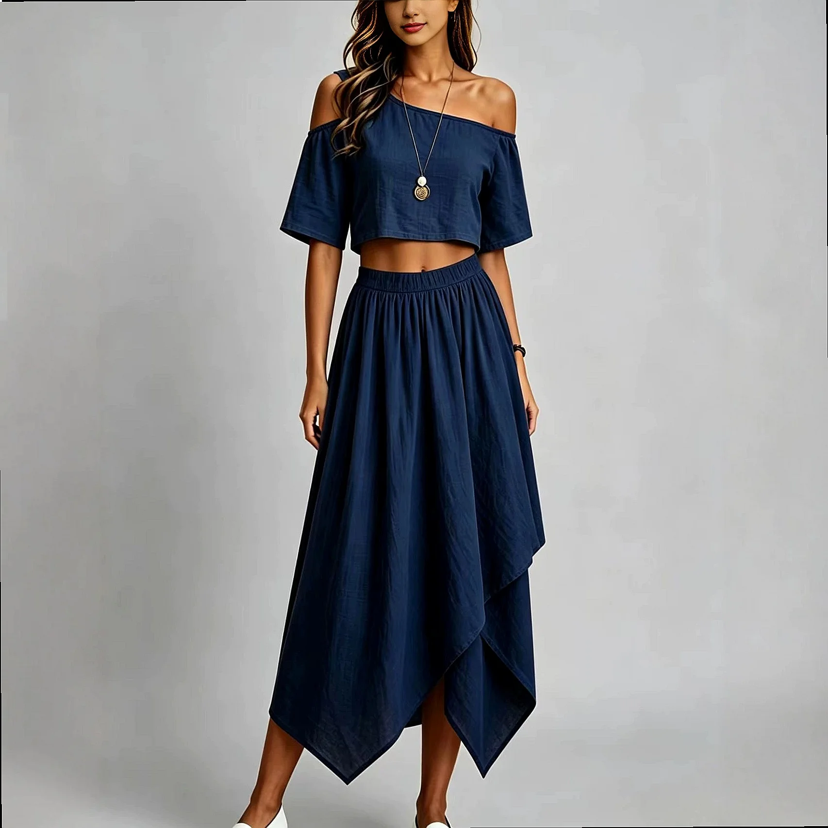 Bohemian One Shoulder Matching Set Women Dresses Elastic Waist Asymmetrical Hem Maxi Skirt Two Piece Outfit Spring Summer