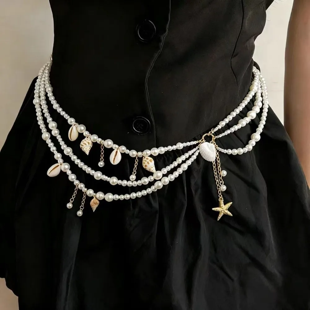 Multilayer Pearl Waist Chain Starfish Shell Pendant Tassel Body Chain Belt Elegant Stylish Waist Accessories Bikini