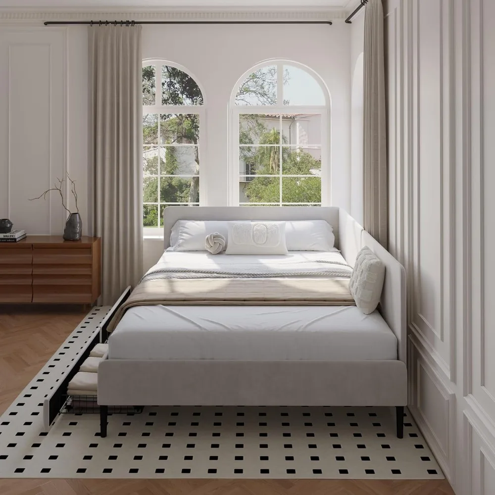 إطار سرير زاوية كامل الحجم على شكل حرف L مع درجين للتخزين، سرير نهاري منجد مخملي مع لوح رأسي ناعم لزجاج غرفة النوم #5