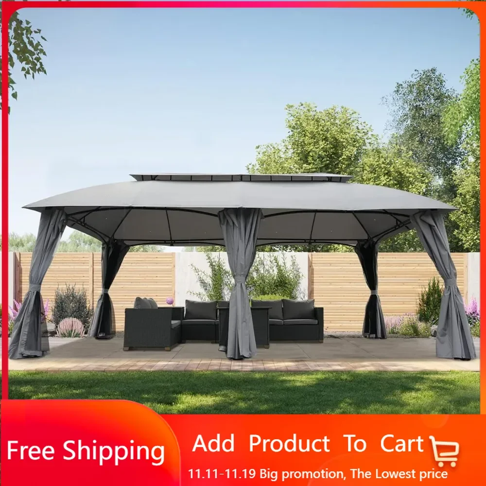 13'x20' Gazebo for Patio Double Vent Canopy Anti-UV Shelter with Privacy Curtains and Netting for Deck Backyard Garden Lawns