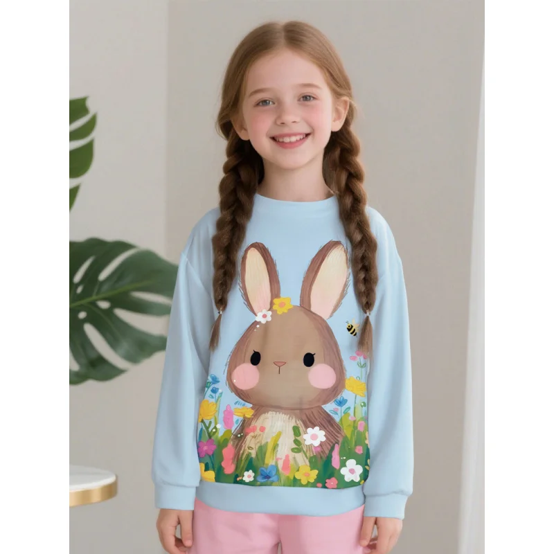 2025 Hot Sale Girls' Long Sleeve Sweater - Cute Rabbit Floral Print Light Blue Sweater, Children's Spring and Autumn Casual Wear