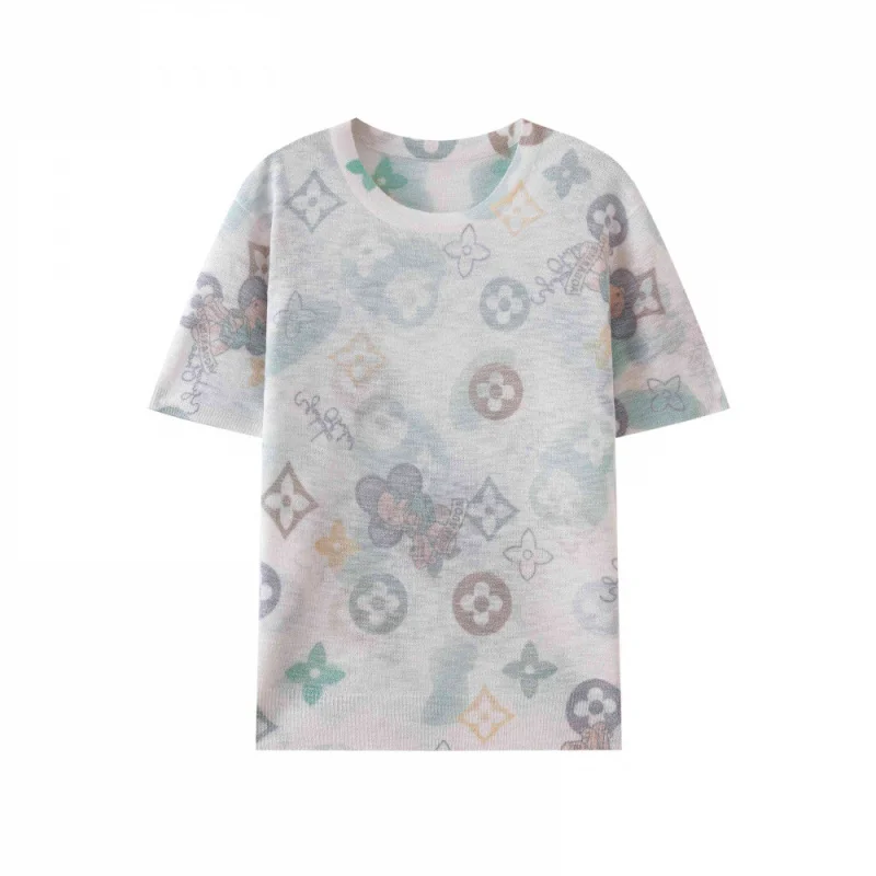 

Elegant Colorful prints Women Sweater Short Sleeve Knitted Sweater Round Neck Knitwears Pullover Tops