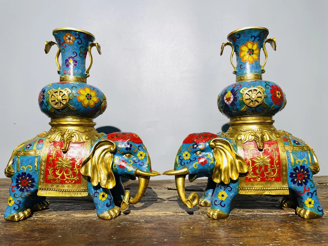 

13"Tibetan Temple Old Bronze Cloisonne Enamel Elephant Vase A pair Elephant Trunk Incense Burner Town House Exorcism