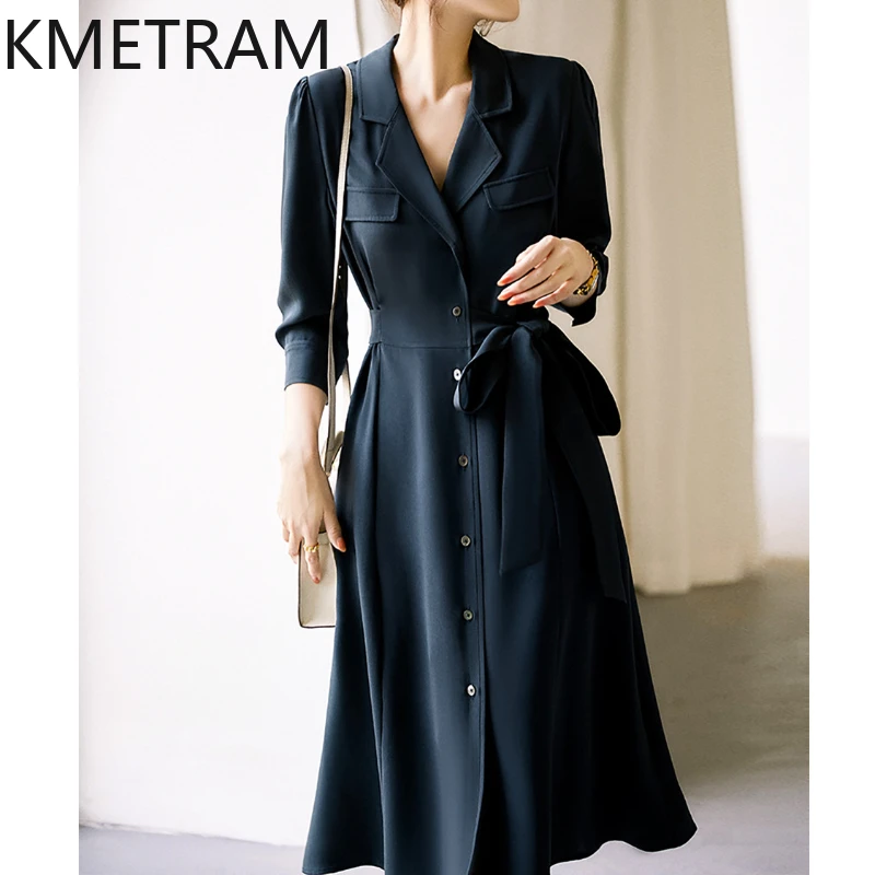 KMETRAM Mulberry Silk Suit Collar Dress for Women 2024 Summer Graphite Blue Dresses Mid-length Lace-up Women's Clothing New