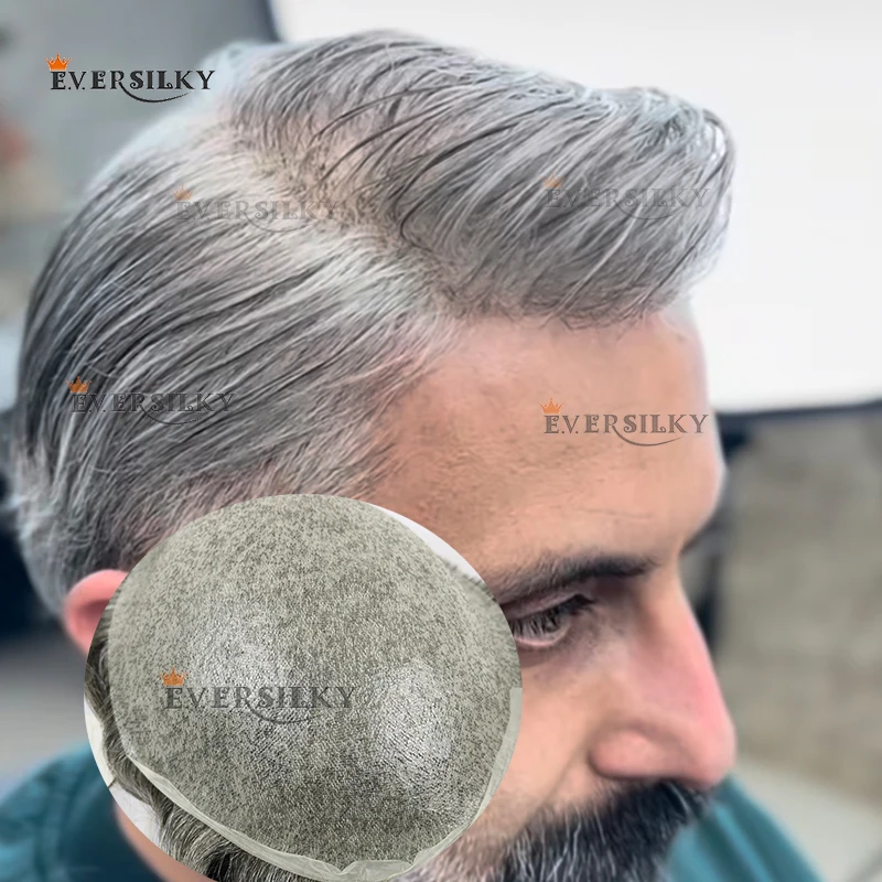 

Super Natural Grey 1B80 Man's 80%Density 0.02mm Undetectable Vloop Ultra Thin Skin Dark Brown Men Toupee Black Human Hair Prosth