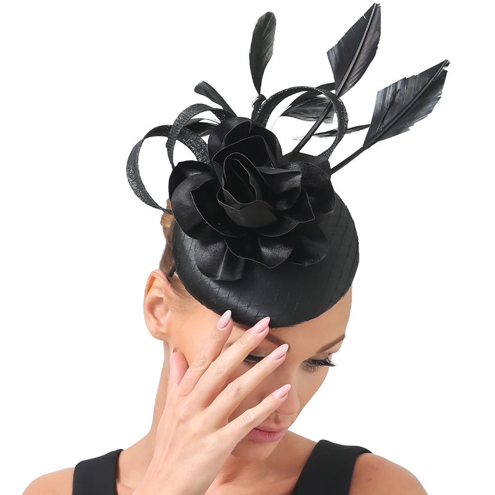 Church Black Satin Fascinator Hat Hair Clip Women Wedding Party Headwear Bridal Fashion Magenta Feather Ladies Dress Headpiece