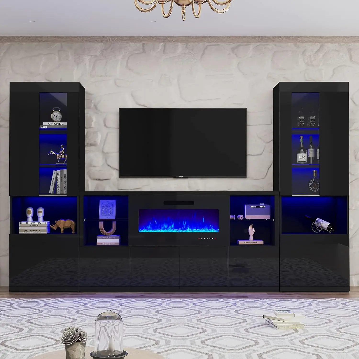 3 Piece Modern High Gloss Fireplace TV Stand + Bookcase  Living Room Includes 68