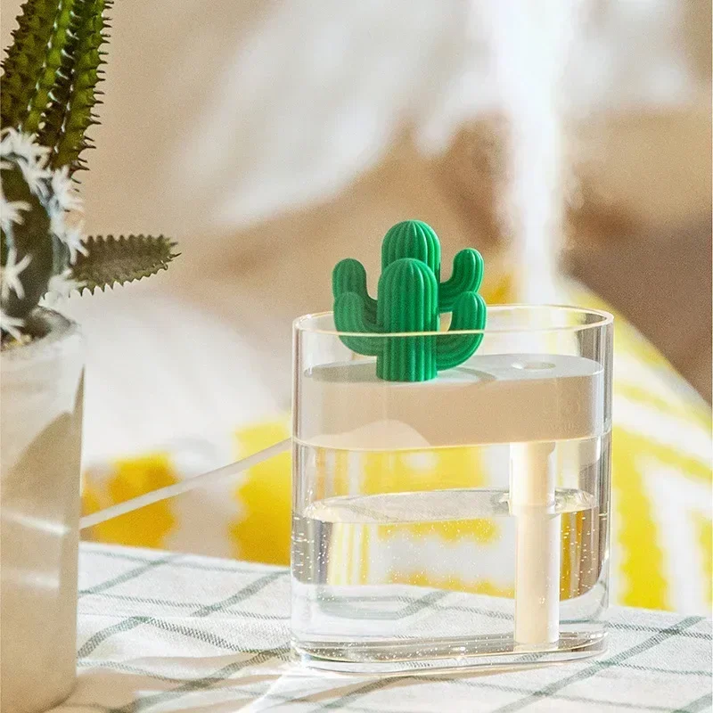 

160ML Ultrasonic Air Humidifier Clear Cactus Color Light USB Clear Cactus Shape Air Humidifier