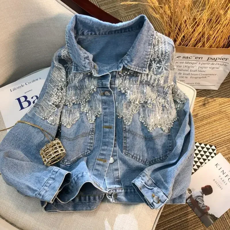 2024 New Fried Street Trend Heavy Mesh Sequin Denim Jacket Women's Casual Long-sleeved Loose Top