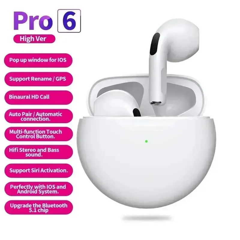 NEW Pro 6 TWS Wireless Headphones with Mic Fone Bluetooth Earphones Sport Running Headset for Apple IPhone Xiaomi Pro6 Earbuds