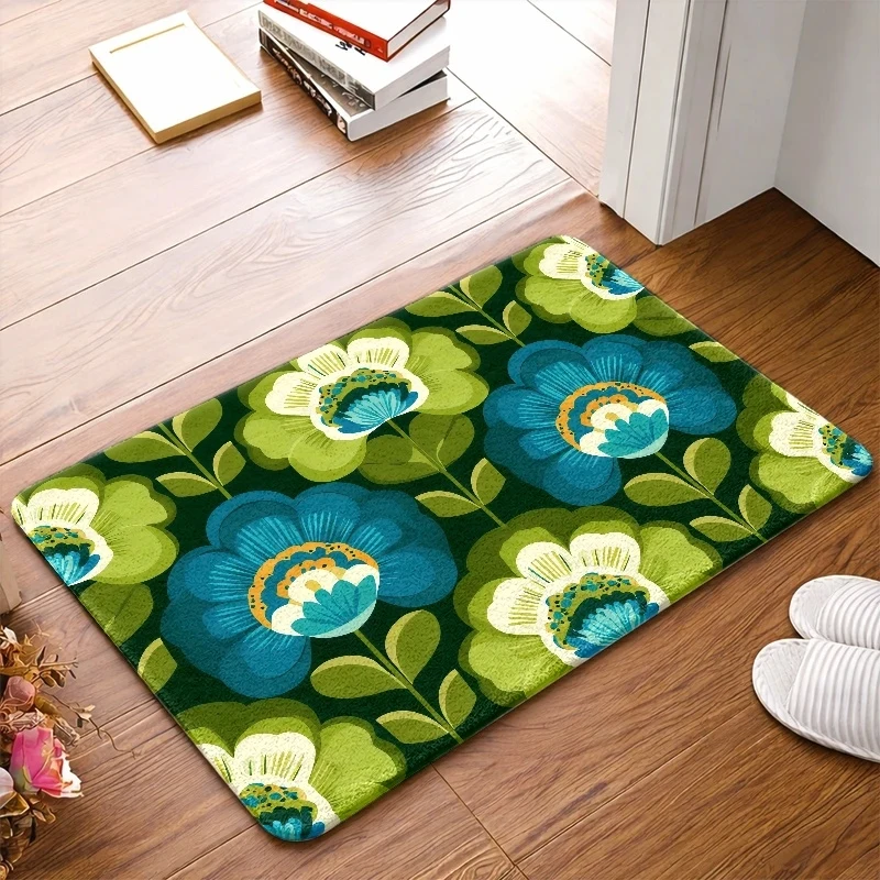 VIKAMA Boho Floral Area Rug, Durable Non-Slip Washable Floor Carpet, Green Blue Vintage Flower Decor Mat for Living Room Bedroom