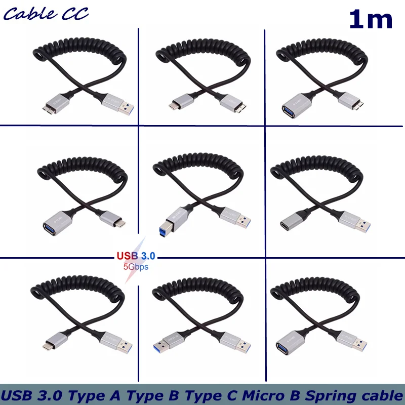 Extensión de Cable en espiral elástico USB 3,0 tipo A tipo B tipo C Micro B macho hembra 5Gbps para impresoras de discos duros, cámaras y ordenadores