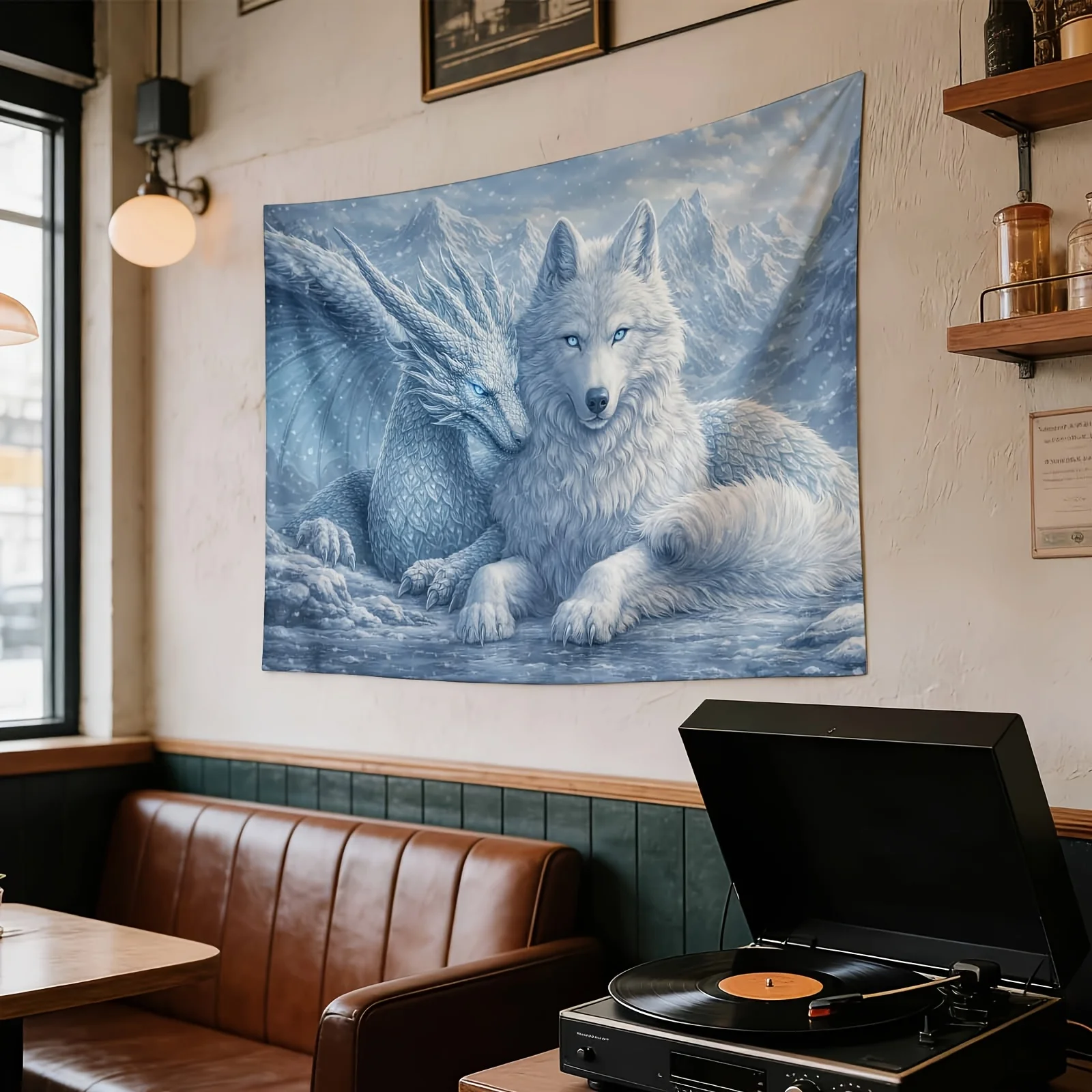 Snow Mountain Wolf Dragon Tapestry, White Wolf and Ice Dragon Myth Scene,Cool Fantasy Animal Wall Hanging for Bedroom Home Decor